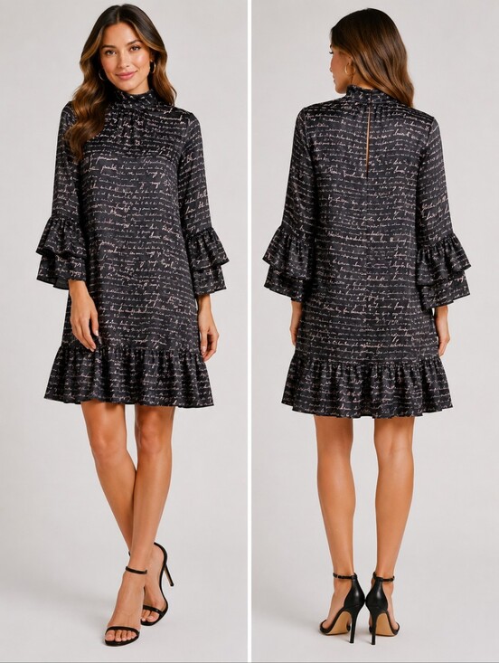 cinq a sept Dresses & Skirts - Cinq à Sept Love Note Script Print Ruffle Mock Neck Mini Dress Black Pink